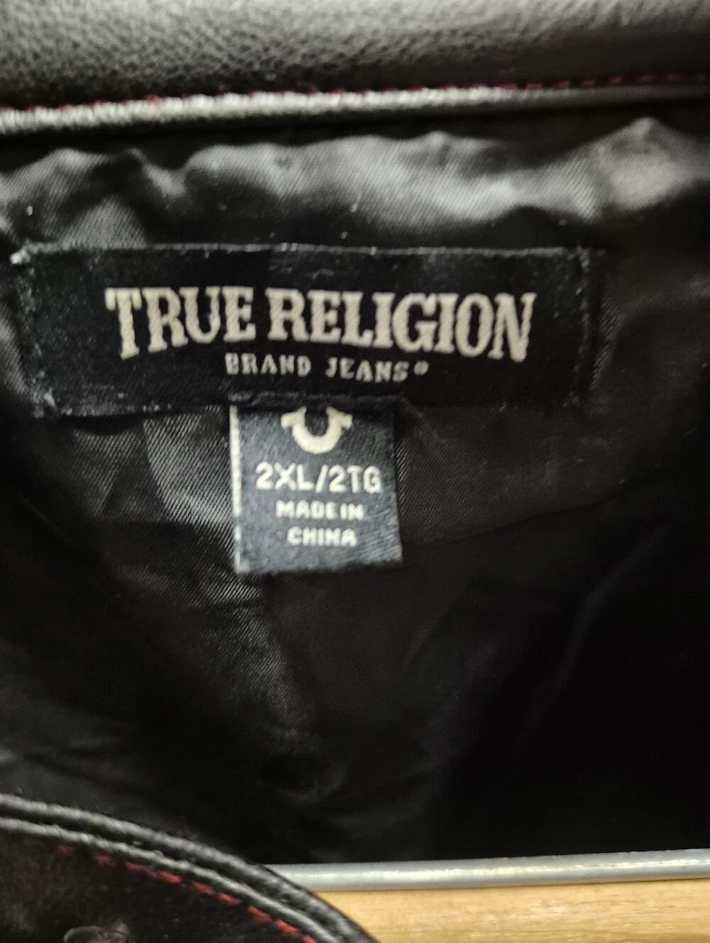 True Religion Black Leather Bomber Jacket with Red Stitching